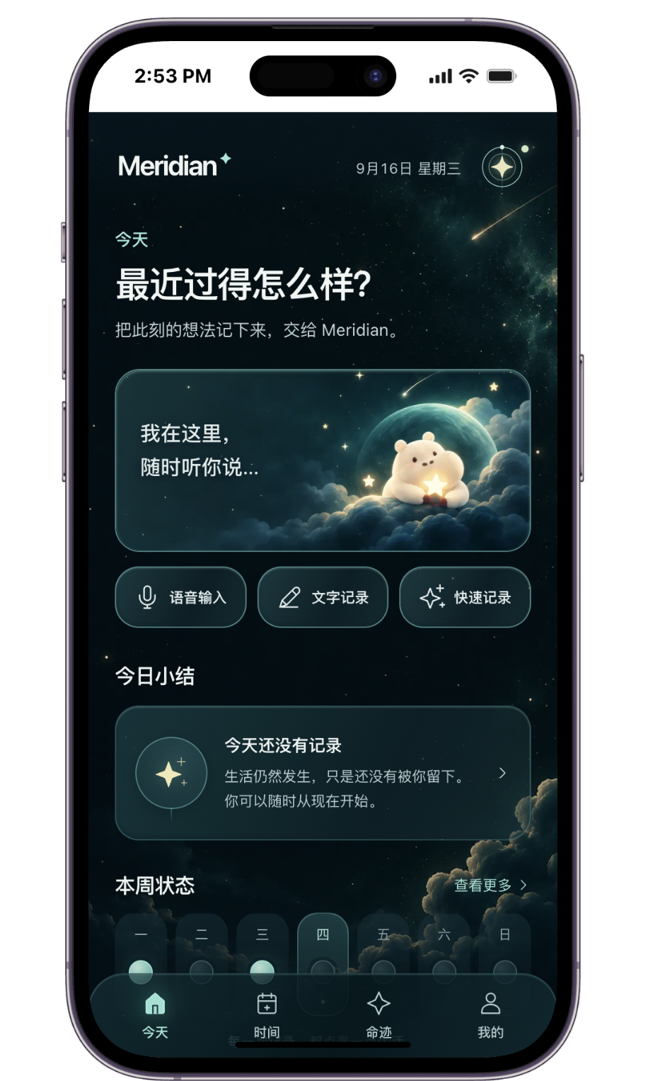 Meridian 深色界面,显示在 iPhone 外框中