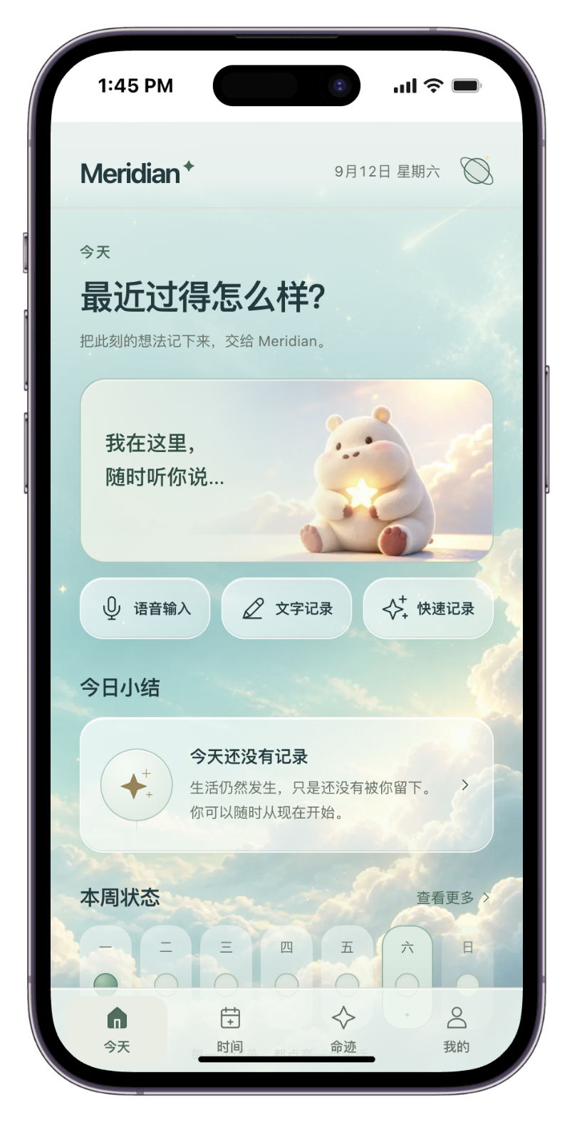 Meridian 浅色界面,显示在 iPhone 外框中